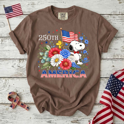 ESPRESSO_dbdc2701-113b-44bd-9e2a-6422db0aff84 - AuraNations - Comfort Colors 250th America Patriotic Floral Bowtie Dog T-Shirt - Expresso / S - 250TH ANNIVERSARY, ALL, COMFORT COLORS, NO CUSTOM, PRODUCTS, SNPY, TSHIRT
