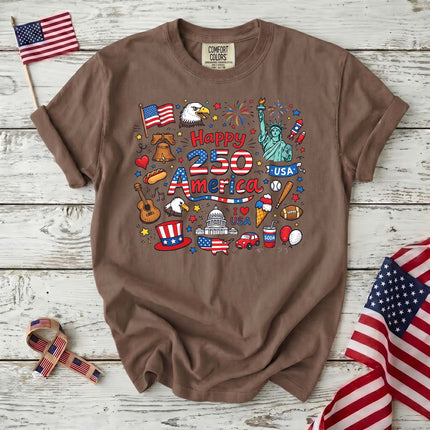 Comfort Colors Happy 250 America Patriotic Icons Doodle T-Shirt