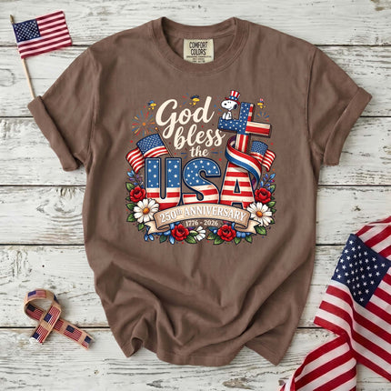 EXPRESSO_70984da3-6b16-4ce7-9c7e-aebca8c04ed3 - AuraNations - Comfort Colors God Bless The USA 250th Anniversary Cross Dog T-Shirt - Expresso / S - 250TH ANNIVERSARY, ALL, COMFORT COLORS, NO CUSTOM, PRODUCTS, SNPY, TSHIRT