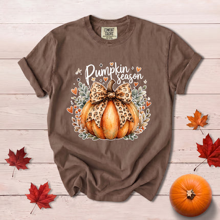 Comfort Colors Fall Autumn Pumpkin Season Leopard Bow Thanksgiving T-Shirt