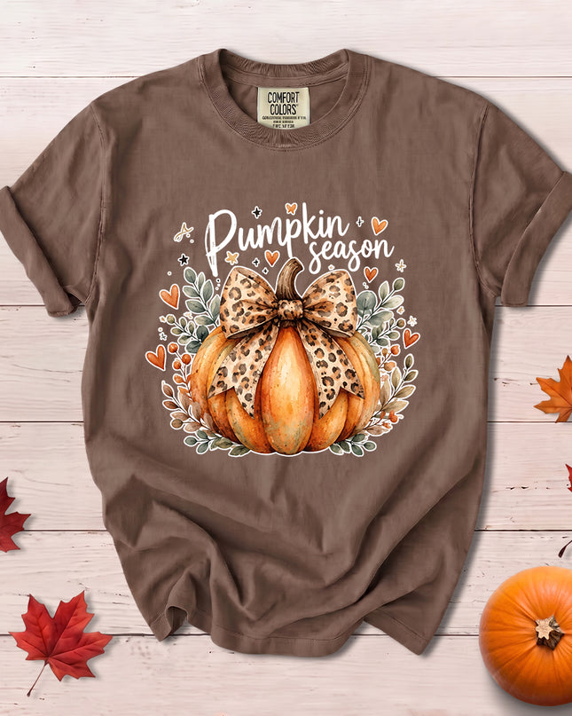 Comfort Colors Fall Autumn Pumpkin Season Leopard Bow Thanksgiving T-Shirt