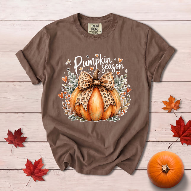 Comfort Colors Fall Autumn Pumpkin Season Leopard Bow Thanksgiving T-Shirt