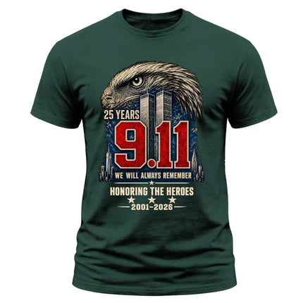 9/11 25th Anniversary Never Forget Honoring Heroes Memorial Patriotic T-Shirt