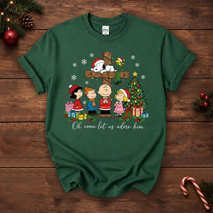 Oh Come Let Us Adore Him Christian Christmas Cross T-Shirt
