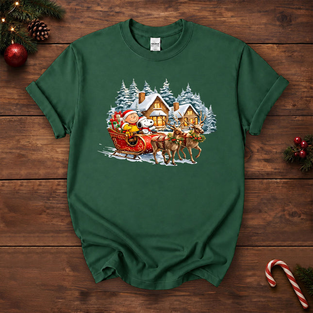 Christmas Reindeer Sleigh Ride Snowy Village T-Shirt