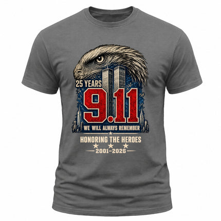 9/11 25th Anniversary Never Forget Honoring Heroes Memorial Patriotic T-Shirt