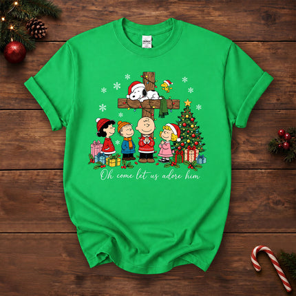 Oh Come Let Us Adore Him Christian Christmas Cross T-Shirt