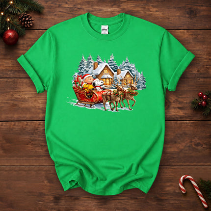 Christmas Reindeer Sleigh Ride Snowy Village T-Shirt