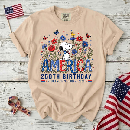 IVORY_017dfba8-f48a-4e97-9a5d-19c63e26d6cf - AuraNations - Comfort Colors America 250th Birthday Bowtie Floral Dog T-Shirt - Ivory / S - 250TH ANNIVERSARY, ALL, COMFORT COLORS, NO CUSTOM, PRODUCTS, SNPY, TSHIRT