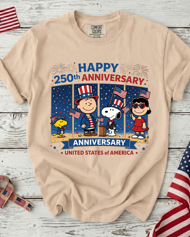 IVORY_757b8fce-cd86-4622-8398-63d937036320 - AuraNations - Comfort Colors Happy 250th Anniversary America 250 T-Shirt - Ivory / S - 250TH ANNIVERSARY, ALL, COMFORT COLORS, NO CUSTOM, PRODUCTS, SNPY, TSHIRT