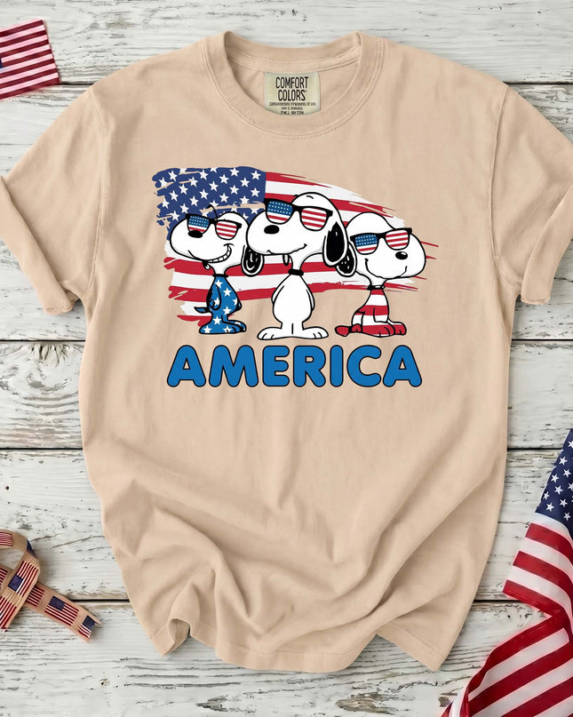 IVORY_75fc97a0-5895-43c9-b611-aae207f1bb41 - AuraNations - Comfort Colors America Cool Pups Patriotic Flag Sunglasses T-Shirt - Ivory / S - 250TH ANNIVERSARY, ALL, COMFORT COLORS, NO CUSTOM, PRODUCTS, SNPY, TSHIRT