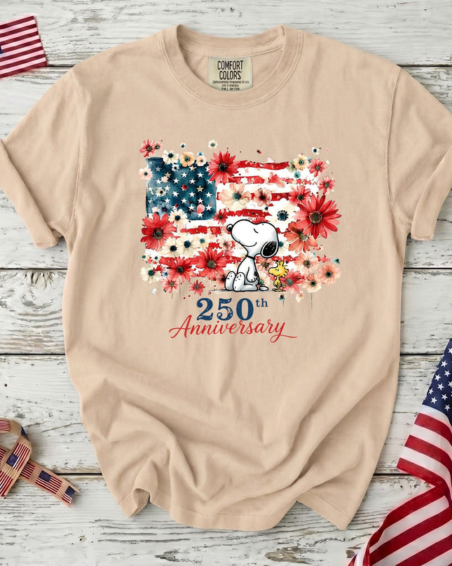IVORY_7da48b44-9c05-4647-8aac-40d9cf7c1b21 - AuraNations - Comfort Colors 250th Anniversary USA Floral Flag Sitting Dog T-Shirt - Ivory / S - 250TH ANNIVERSARY, ALL, COMFORT COLORS, NO CUSTOM, PRODUCTS, SNPY, TSHIRT