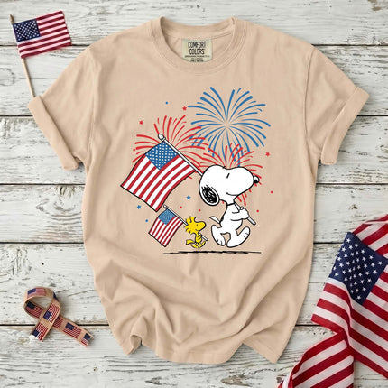 IVORY_82cd7cd7-c411-42cf-9e23-0e53a1460486 - AuraNations - Comfort Colors Fireworks Patriotic Marching Flag Dog T-Shirt - Ivory / S - 250TH ANNIVERSARY, ALL, COMFORT COLORS, NO CUSTOM, PRODUCTS, SNPY, TSHIRT