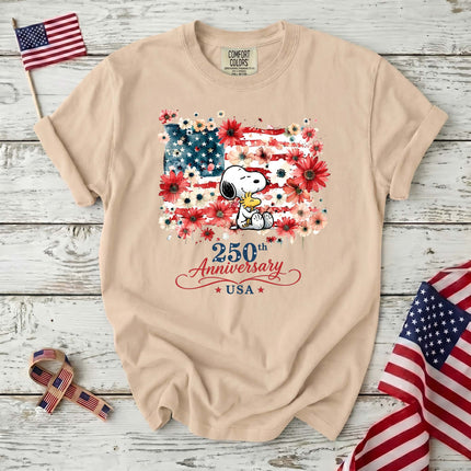 IVORY_858655d2-8daf-4fd6-8f9f-080cdc5f654a - AuraNations - Comfort Colors 250th Anniversary USA Floral Flag Hugging Dog T-Shirt - Ivory / S - 250TH ANNIVERSARY, ALL, COMFORT COLORS, NO CUSTOM, PRODUCTS, SNPY, TSHIRT