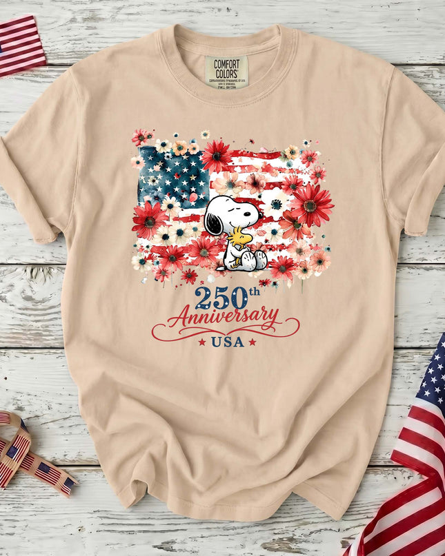 IVORY_858655d2-8daf-4fd6-8f9f-080cdc5f654a - AuraNations - Comfort Colors 250th Anniversary USA Floral Flag Hugging Dog T-Shirt - Ivory / S - 250TH ANNIVERSARY, ALL, COMFORT COLORS, NO CUSTOM, PRODUCTS, SNPY, TSHIRT