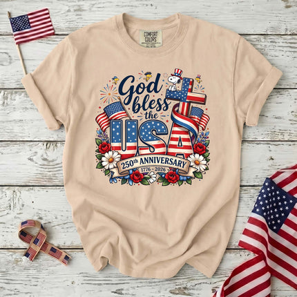 IVORY_95a54aad-6f0e-4a8d-ae4c-19f80fda6c19 - AuraNations - Comfort Colors God Bless The USA 250th Anniversary Cross Dog T-Shirt - Ivory / S - 250TH ANNIVERSARY, ALL, COMFORT COLORS, NO CUSTOM, PRODUCTS, SNPY, TSHIRT