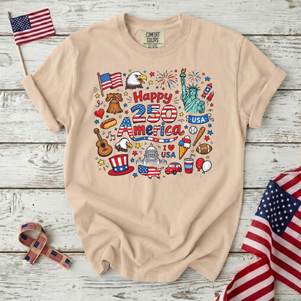 Comfort Colors Happy 250 America Patriotic Icons Doodle T-Shirt