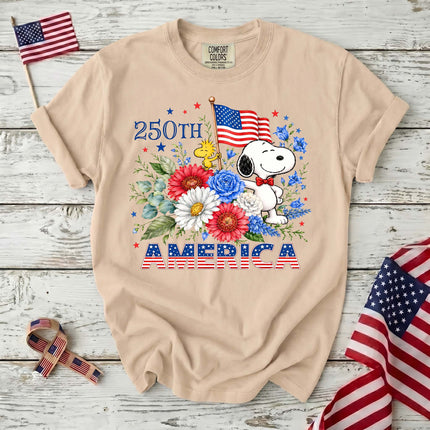 IVORY_d6f0fd92-699e-4bf4-8d84-23d20bada4e2 - AuraNations - Comfort Colors 250th America Patriotic Floral Bowtie Dog T-Shirt - Ivory / S - 250TH ANNIVERSARY, ALL, COMFORT COLORS, NO CUSTOM, PRODUCTS, SNPY, TSHIRT