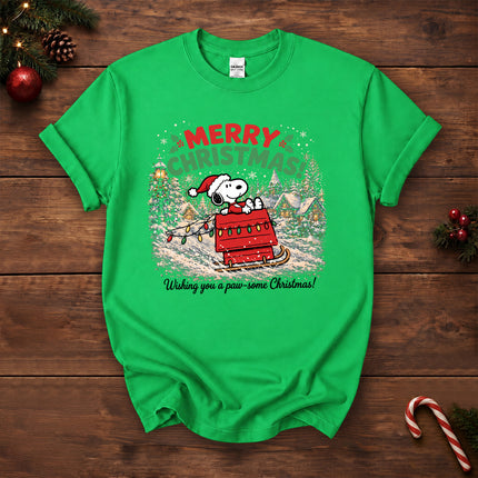 Merry Christmas Snowy Sleigh Village Holiday Lights T-Shirt