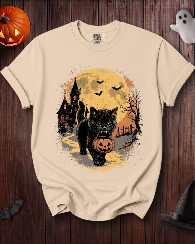 Comfort Colors Black Cat Halloween Full Moon Haunted House T-Shirt