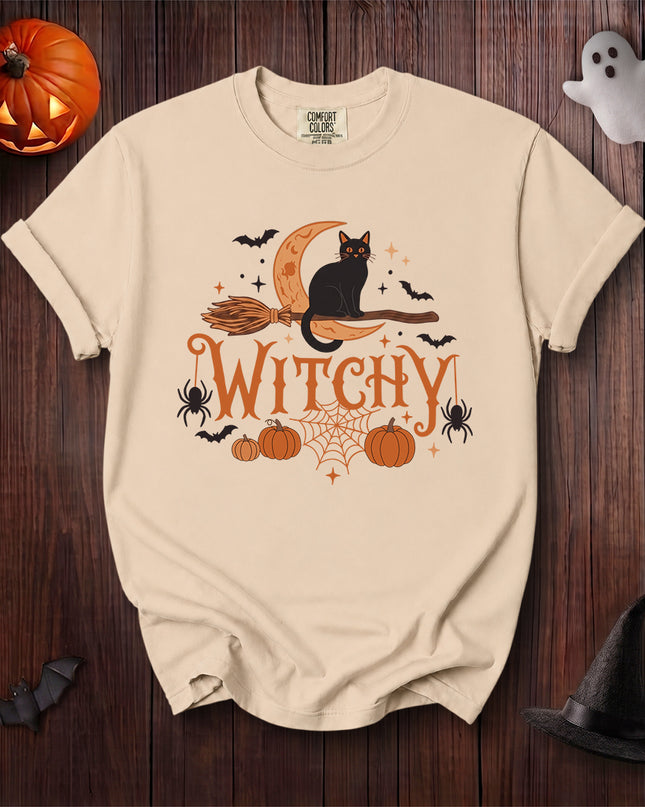 Comfort Colors Black Cat Halloween Witchy Moon Broom T-Shirt