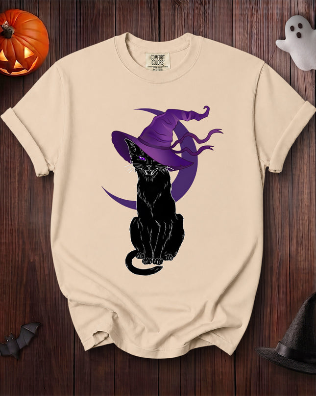 Comfort Colors Black Cat Halloween Witch Hat Crescent Moon T-Shirt