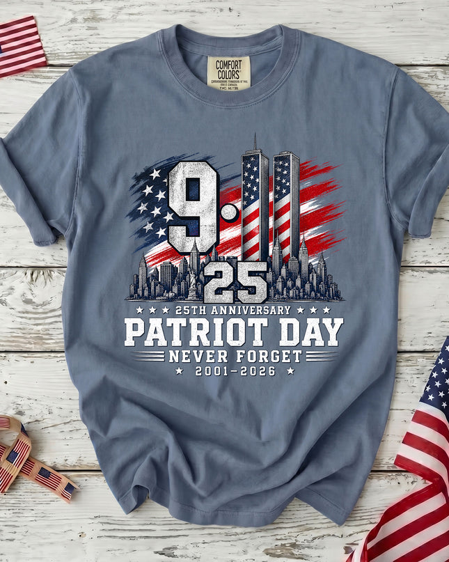 Comfort Colors 25th Patriot Day 9 11 Never Forget American Flag T-Shirt