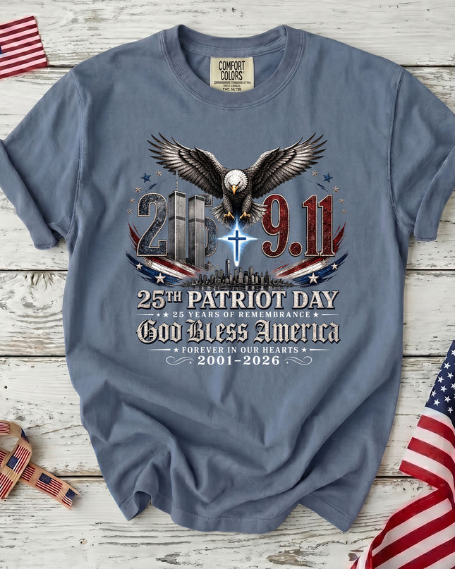 Comfort Colors 25th Patriot Day God Bless America Eagle Cross T-Shirt