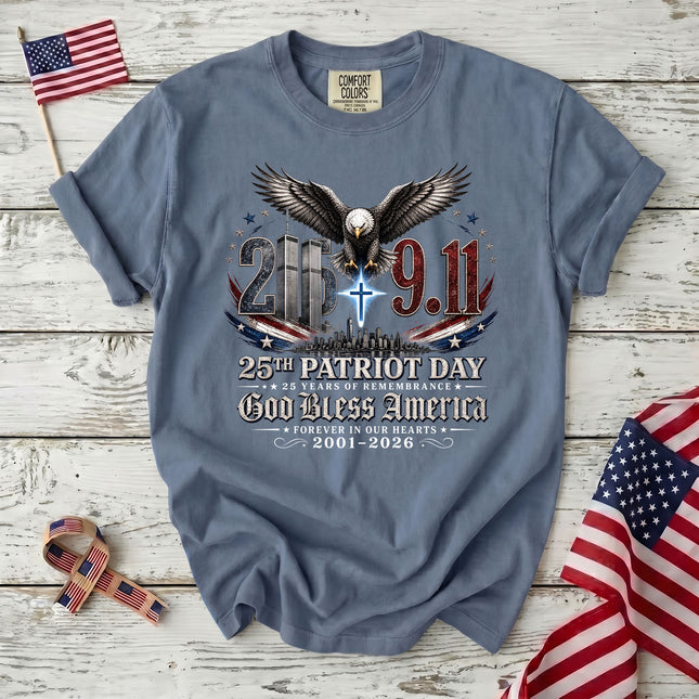 Comfort Colors 25th Patriot Day God Bless America Eagle Cross T-Shirt