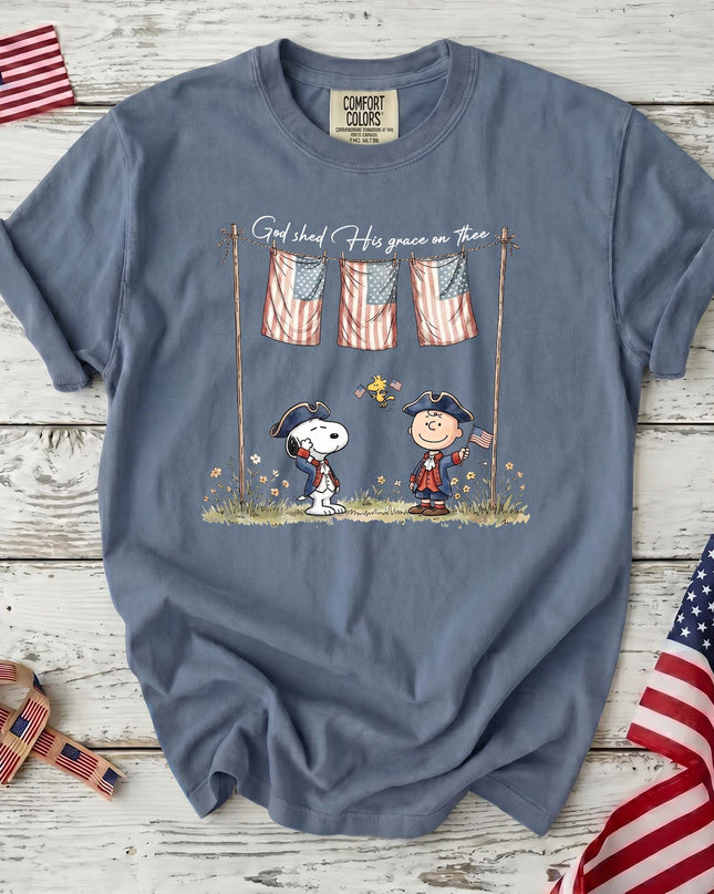 JEAN_1d875667-3002-476e-a3a2-74d294c70897 - AuraNations - Comfort Colors God Shed His Grace On Thee Patriotic Colonial Friends T-Shirt - Blue Jean / S - 250TH ANNIVERSARY, ALL, COMFORT COLORS, NO CUSTOM, PRODUCTS, SNPY, TSHIRT