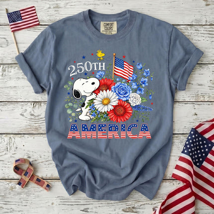 JEAN_2f9b3cf1-7d42-42b4-9130-d6dfb07e4825 - AuraNations - Comfort Colors 250th America Patriotic Floral Bouquet Dog T-Shirt - Blue Jean / S - 250TH ANNIVERSARY, ALL, COMFORT COLORS, NO CUSTOM, PRODUCTS, SNPY, TSHIRT