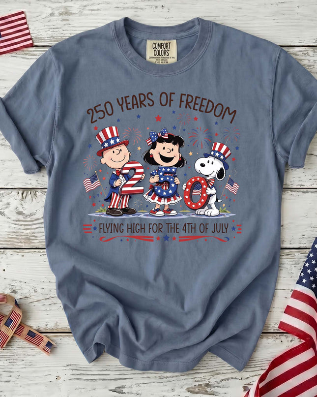 JEAN_382fe8f1-59cb-4bbe-8ce8-88a91f09ecc9 - AuraNations - Comfort Colors 250 Years Of Freedom Flying High Patriotic Friends T-Shirt - Blue Jean / S - 250TH ANNIVERSARY, ALL, COMFORT COLORS, NO CUSTOM, PRODUCTS, SNPY, TSHIRT