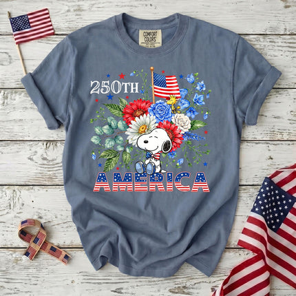 JEAN_4637f750-beed-45a9-a9ec-56b669ca7777 - AuraNations - Comfort Colors 250th America Patriotic Sitting Floral Dog T-Shirt - Blue Jean / S - 250TH ANNIVERSARY, ALL, COMFORT COLORS, NO CUSTOM, PRODUCTS, SNPY, TSHIRT