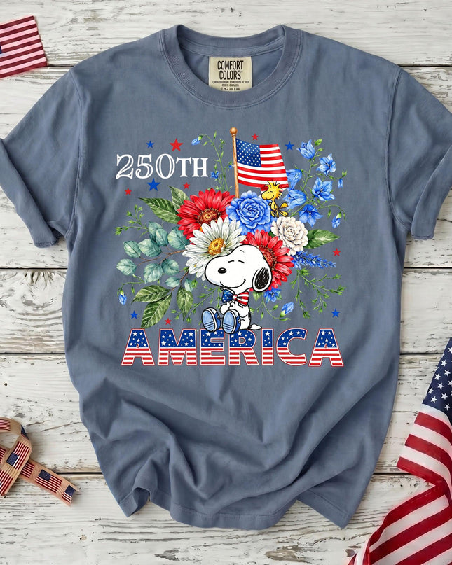 JEAN_4637f750-beed-45a9-a9ec-56b669ca7777 - AuraNations - Comfort Colors 250th America Patriotic Sitting Floral Dog T-Shirt - Blue Jean / S - 250TH ANNIVERSARY, ALL, COMFORT COLORS, NO CUSTOM, PRODUCTS, SNPY, TSHIRT