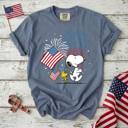 JEAN_4d743a90-2d56-4fd5-9baf-eef68716f995 - AuraNations - Comfort Colors Fireworks Patriotic Marching Flag Dog T-Shirt - Blue Jean / S - 250TH ANNIVERSARY, ALL, COMFORT COLORS, NO CUSTOM, PRODUCTS, SNPY, TSHIRT