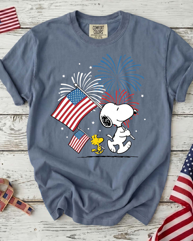 JEAN_4d743a90-2d56-4fd5-9baf-eef68716f995 - AuraNations - Comfort Colors Fireworks Patriotic Marching Flag Dog T-Shirt - Blue Jean / S - 250TH ANNIVERSARY, ALL, COMFORT COLORS, NO CUSTOM, PRODUCTS, SNPY, TSHIRT