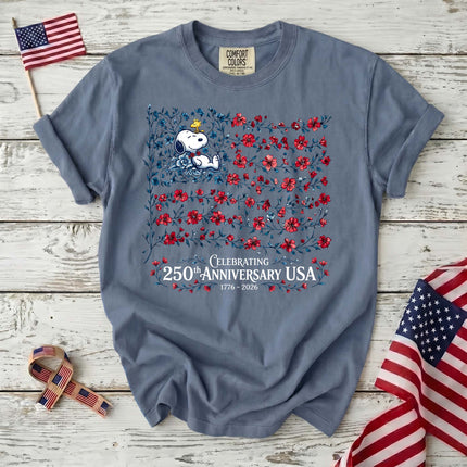 JEAN_4f9e287b-d529-4b5e-90c1-4aa2a818a94b - AuraNations - Comfort Colors Celebrating 250th Anniversary USA Floral Vine Flag Dog T-Shirt - Blue Jean / S - 250TH ANNIVERSARY, ALL, COMFORT COLORS, NO CUSTOM, PRODUCTS, SNPY, TSHIRT