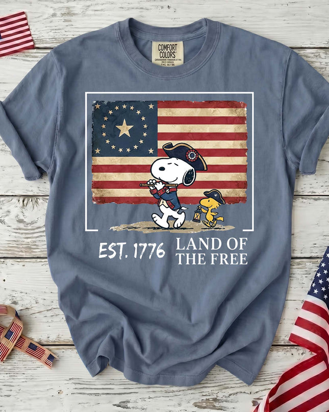 JEAN_66d7b759-64a9-43dc-a632-204b26d5f796 - AuraNations - Comfort Colors Est 1776 Land Of The Free Vintage Colonial Flag T-Shirt - Blue Jean / S - 250TH ANNIVERSARY, ALL, COMFORT COLORS, NO CUSTOM, PRODUCTS, SNPY, TSHIRT