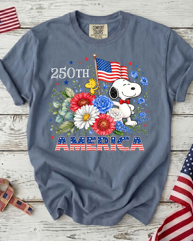 JEAN_723b54a2-b809-49e4-b991-4fd6feb1116d - AuraNations - Comfort Colors 250th America Patriotic Floral Bowtie Dog T-Shirt - Blue Jean / S - 250TH ANNIVERSARY, ALL, COMFORT COLORS, NO CUSTOM, PRODUCTS, SNPY, TSHIRT