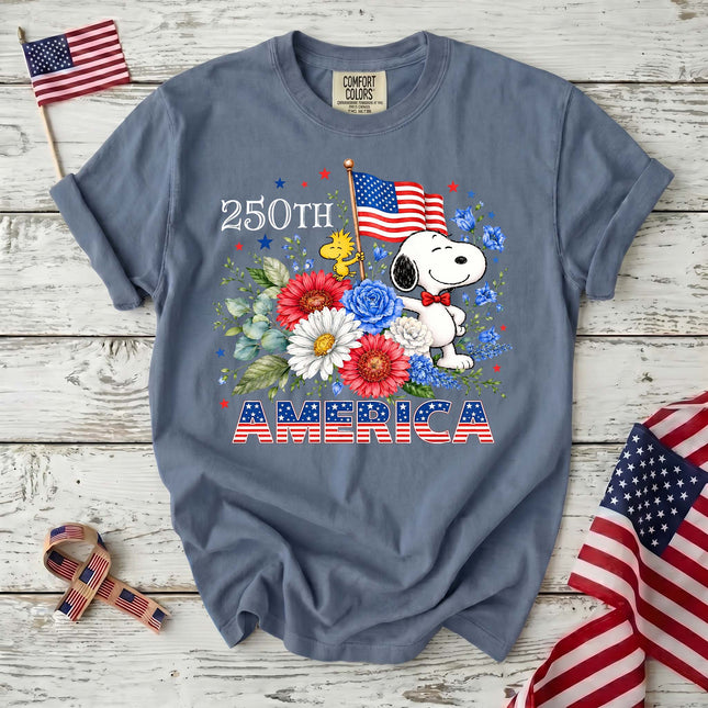 JEAN_723b54a2-b809-49e4-b991-4fd6feb1116d - AuraNations - Comfort Colors 250th America Patriotic Floral Bowtie Dog T-Shirt - Blue Jean / S - 250TH ANNIVERSARY, ALL, COMFORT COLORS, NO CUSTOM, PRODUCTS, SNPY, TSHIRT
