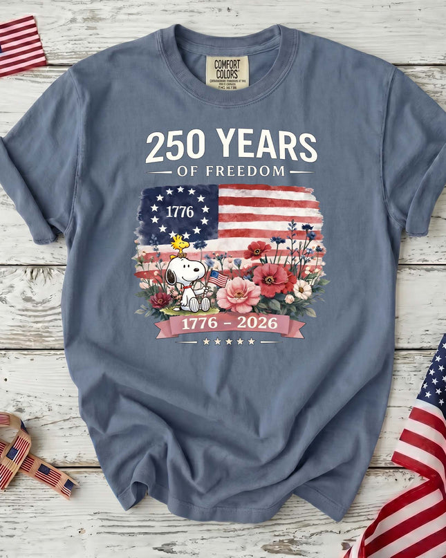 JEAN_814244ef-e824-4da4-8656-a44d0c00eb26 - AuraNations - Comfort Colors 250 Years Of Freedom 1776-2026 Patriotic Floral Dog T-Shirt - Blue Jean / S - 250TH ANNIVERSARY, ALL, COMFORT COLORS, NO CUSTOM, PRODUCTS, SNPY, TSHIRT