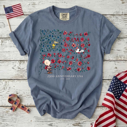 JEAN_8ea7d64a-41d8-41f0-94f0-64dff92ffa54 - AuraNations - Comfort Colors 250th Anniversary USA Floral Vine Flag Friends T-Shirt - Blue Jean / S - 250TH ANNIVERSARY, ALL, COMFORT COLORS, NO CUSTOM, PRODUCTS, SNPY, TSHIRT