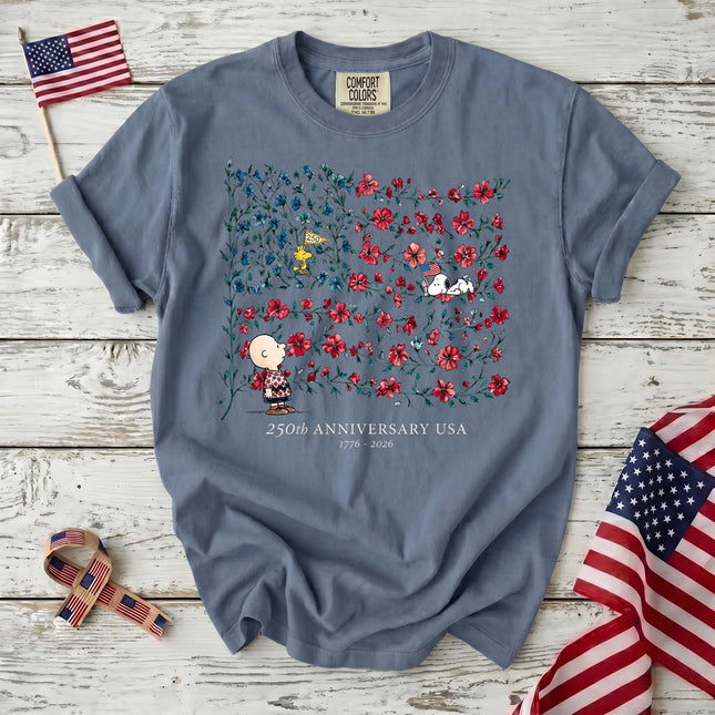 JEAN_8ea7d64a-41d8-41f0-94f0-64dff92ffa54 - AuraNations - Comfort Colors 250th Anniversary USA Floral Vine Flag Friends T-Shirt - Blue Jean / S - 250TH ANNIVERSARY, ALL, COMFORT COLORS, NO CUSTOM, PRODUCTS, SNPY, TSHIRT