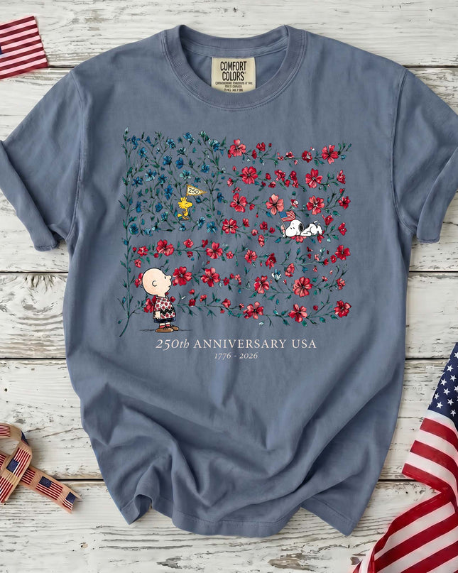 JEAN_8ea7d64a-41d8-41f0-94f0-64dff92ffa54 - AuraNations - Comfort Colors 250th Anniversary USA Floral Vine Flag Friends T-Shirt - Blue Jean / S - 250TH ANNIVERSARY, ALL, COMFORT COLORS, NO CUSTOM, PRODUCTS, SNPY, TSHIRT