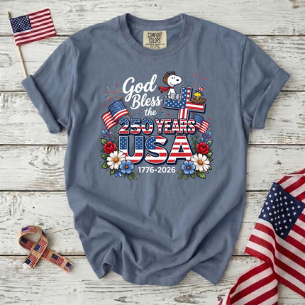 Comfort Colors God Bless The USA 250 Years Patriotic Cross T-Shirt