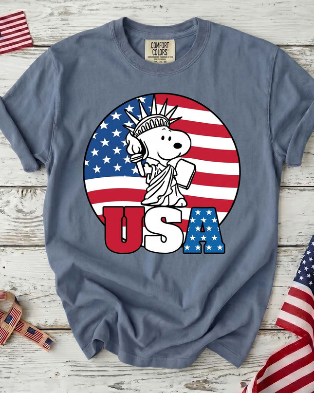 JEAN_b13d3851-5775-479c-a7f3-bf3c7cbbfdb2 - AuraNations - Comfort Colors USA Statue Of Liberty Patriotic Dog Circle T-Shirt - Blue Jean / S - 250TH ANNIVERSARY, ALL, COMFORT COLORS, NO CUSTOM, PRODUCTS, SNPY, TSHIRT