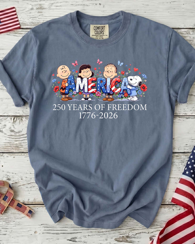 JEAN_be4663da-eb2b-43b1-a72b-4ad149b4fe59 - AuraNations - Comfort Colors America 250 Years Of Freedom Floral Friends T-Shirt - Blue Jean / S - 250TH ANNIVERSARY, ALL, COMFORT COLORS, NO CUSTOM, PRODUCTS, SNPY, TSHIRT