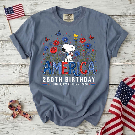JEAN_c2ac558a-69b6-4be3-9a48-00253b0c49ed - AuraNations - Comfort Colors America 250th Birthday Bowtie Floral Dog T-Shirt - Blue Jean / S - 250TH ANNIVERSARY, ALL, COMFORT COLORS, NO CUSTOM, PRODUCTS, SNPY, TSHIRT