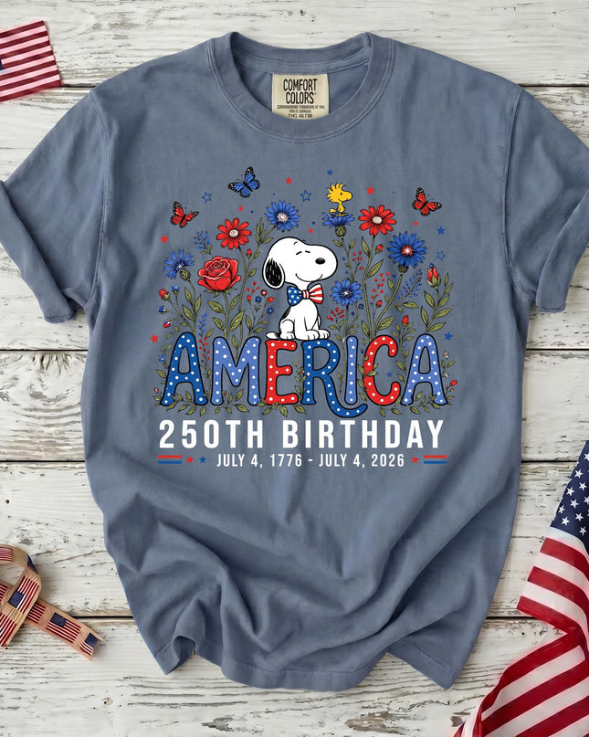 JEAN_c2ac558a-69b6-4be3-9a48-00253b0c49ed - AuraNations - Comfort Colors America 250th Birthday Bowtie Floral Dog T-Shirt - Blue Jean / S - 250TH ANNIVERSARY, ALL, COMFORT COLORS, NO CUSTOM, PRODUCTS, SNPY, TSHIRT