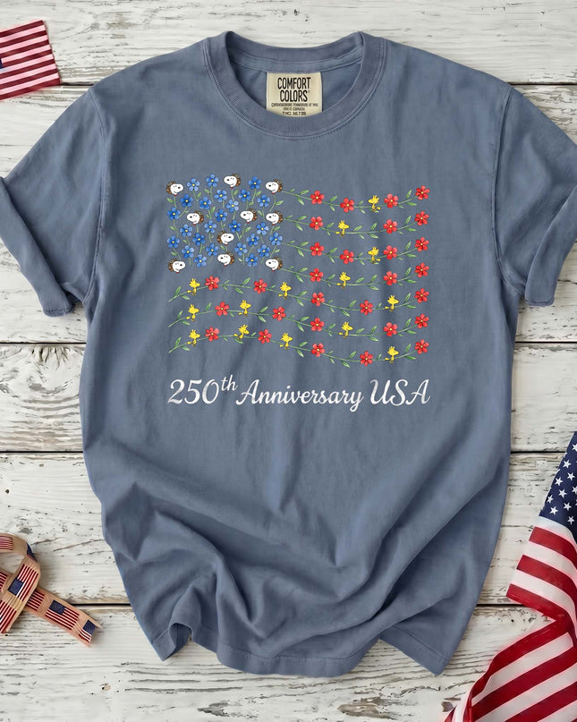Comfort Colors 250th Anniversary USA Floral Vine Flag Dog And Bird T-Shirt